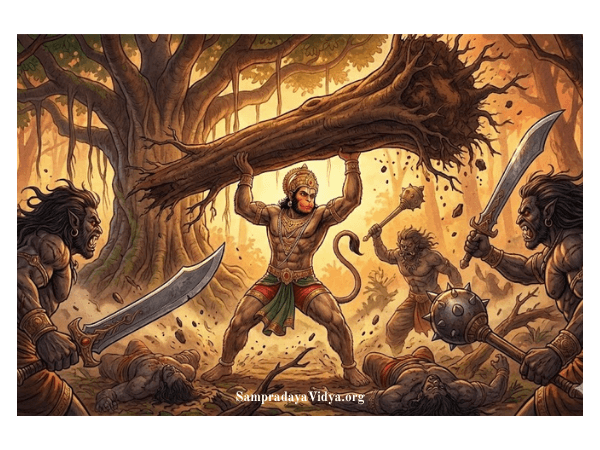 praviśyā-atavīṃ; bhaṅktva-āneka-tarun; nihatya bahulāṃ rakṣogaṇāṃ