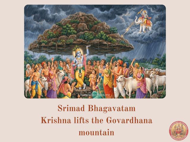 SriKrishna's Leelas 16 - Krishna lifts the Govardhana Mountain on his little finger to protect his people