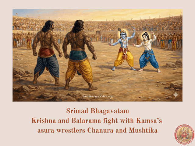 SriKrishna's Leelas 23 - Krishna and Balarama wrestle with and kill Kamsa's asura henchmen, Chanura and Mushtika