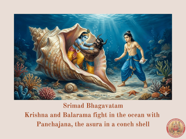 SriKrishna's Leelas 28 - Krishna and Balarama fight Panchajana, the asura in a conch sell, inside the ocean